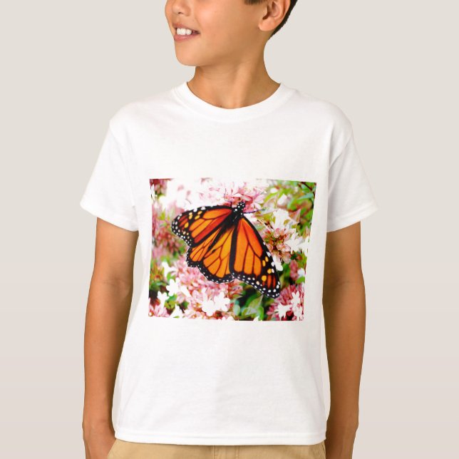 T-shirt Laranja Monarca em flores cor-de-rosa (Frente)