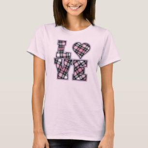 T-shirt Letras de AMOR Empilhadas, Rosa E Xadrez Negra