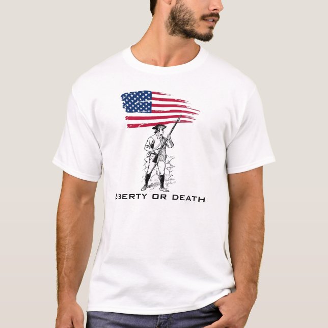 T-shirt Liberdade ou morte, Minuteman com bandeira (Frente)