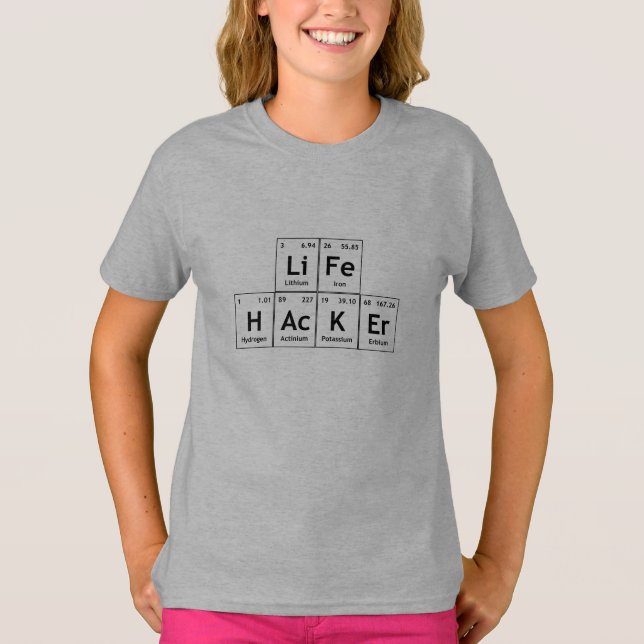 T-shirt LiFe HAcKEr Elementos de Química Palavra de Mesa P (Frente)