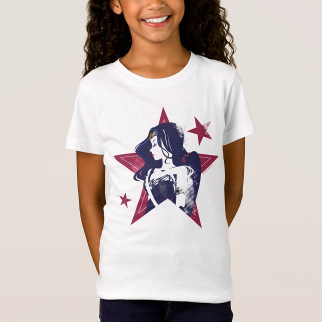 T-shirt Liga da Justiça | Mulher Maravilha e Estrelas Pop (Frente)
