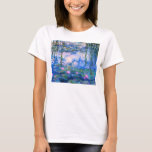 T-shirt Lírios de água de Monet<br><div class="desc">Lírios de água de Monet. Pintura a óleo em canvas desde 1916. Monet pintou sua lagoa famosa do lírio de água obsessiva durante os anos finais de sua carreira, seleccionando a inspiração da luz do sol e seu efeito de deslocamento na água e as flores e a folha aquáticas. Esta...</div>