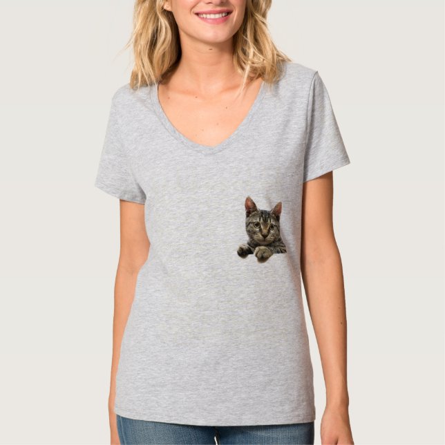 T-shirt listrado cinzento do gato de gato malhado (Frente)