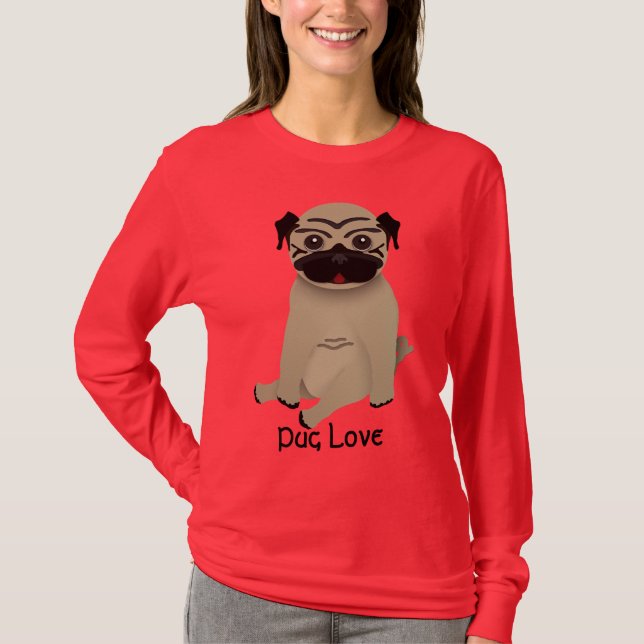 T-shirt longo da luva do amor do Pug (Frente)