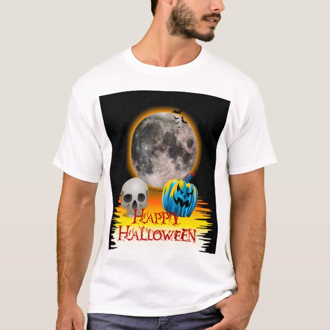 T-shirt Lua cheia, crânio e abóbora azul à noite. (Frente)