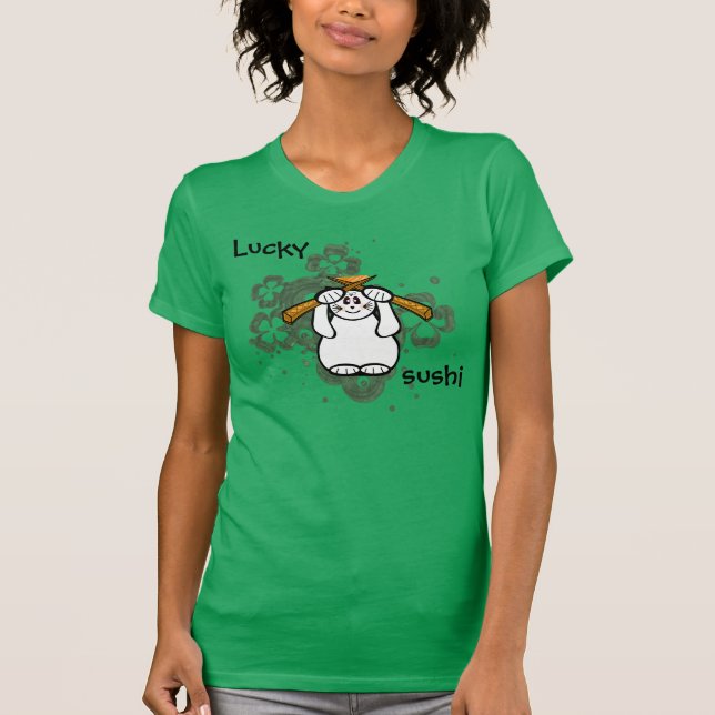 T-shirt Lucky Four Leaf Clover Sushi cat, maneki neko sort (Frente)