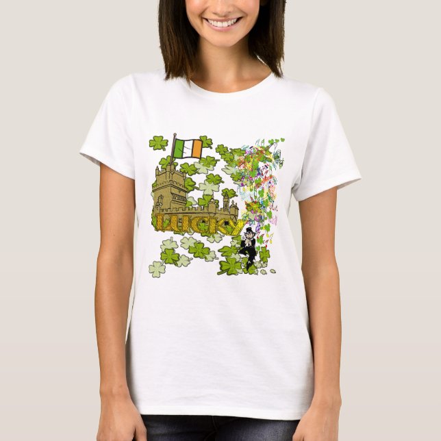 T-shirt Lucky Leprechaun e seu Castelo Irlandês (Frente)