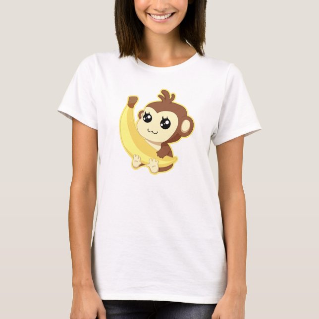 T-shirt Macaco bonito de Kawaii que guardara a banana (Frente)