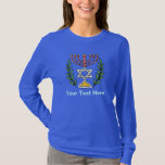 T-shirt Magen Persa David Menorah<br><div class="desc">Esta imagem foi adaptada de um antigo azulejo judeu persa e apresenta uma menorah e Magen David (Estrela de David) enquadrado por ramos de oliveira. As imperfeições da imagem original pintada à mão foram preservadas.</div>