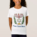 T-shirt Magen Persa David Menorah<br><div class="desc">Esta imagem foi adaptada de um antigo azulejo judeu persa e apresenta uma menorah com um Magen David (Estrela de David) enquadrado por ramos de oliveira. As imperfeições da imagem original pintada à mão foram preservadas.</div>