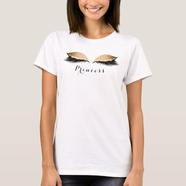 T-shirt Makeup Lashes Dourado Nome da Princesa Preta Perso (Frente)