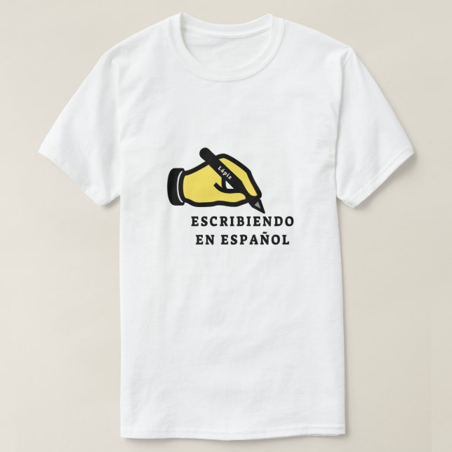 T-shirt Mão com lápis e texto: escribiendo en español (Frente do Design)