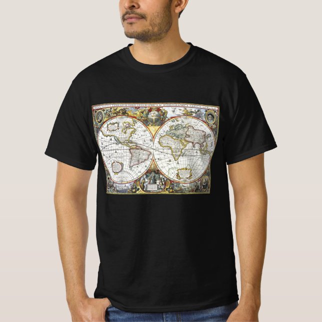 T-shirt Mapa antigo do mundo por Hendrik Hondius, 1630 (Frente)