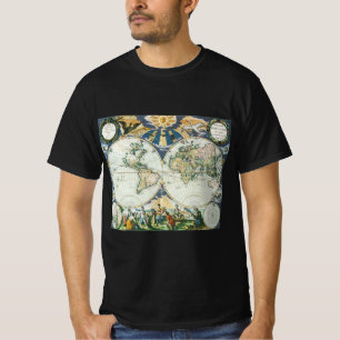 T-shirt Mapa Antigo do Mundo por Pieter Goos, 1666