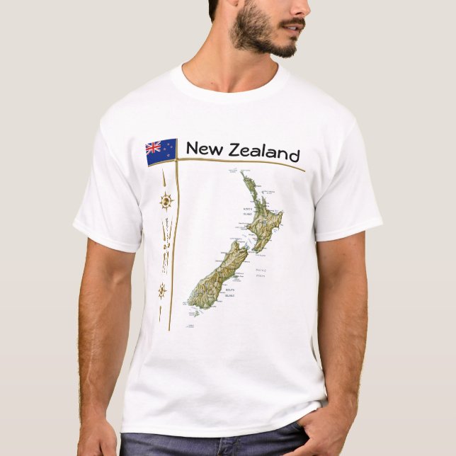 T-shirt Mapa da Nova Zelândia + Sinalizador + Título T-Shi (Frente)