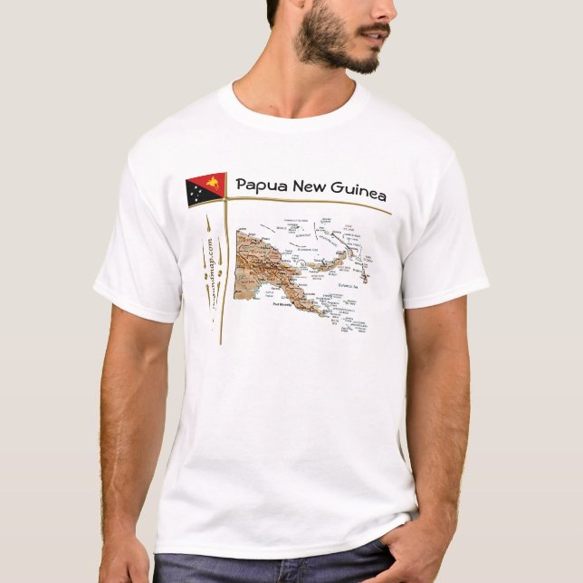 T-shirt Mapa da Papua-Nova Guiné + Sinalizador + Título T- (Frente)