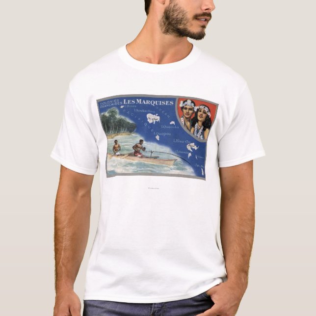 T-shirt Mapa das ilhas, nativos em uma canoa (Frente)