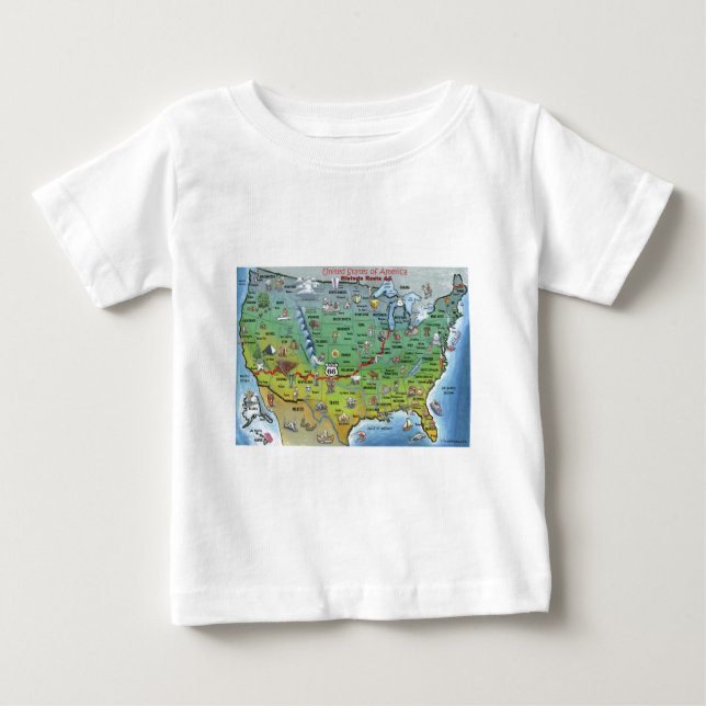 T-shirt Mapa de Cartoons da Rota 66 Histórica (Frente)
