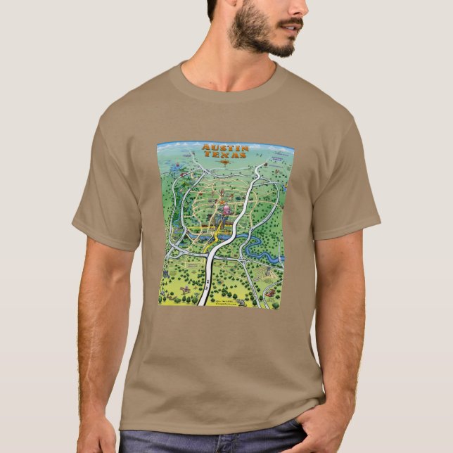 T-shirt Mapa de Cartoons de Austin Texas (Frente)