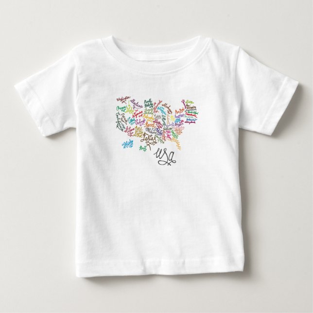 T-shirt Mapa de texto do roteiro dos Estados Unidos da (Frente)