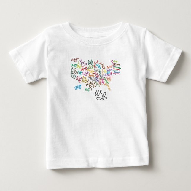 T-shirt Mapa de Texto do Script dos Estados Unidos da Amér (Frente)