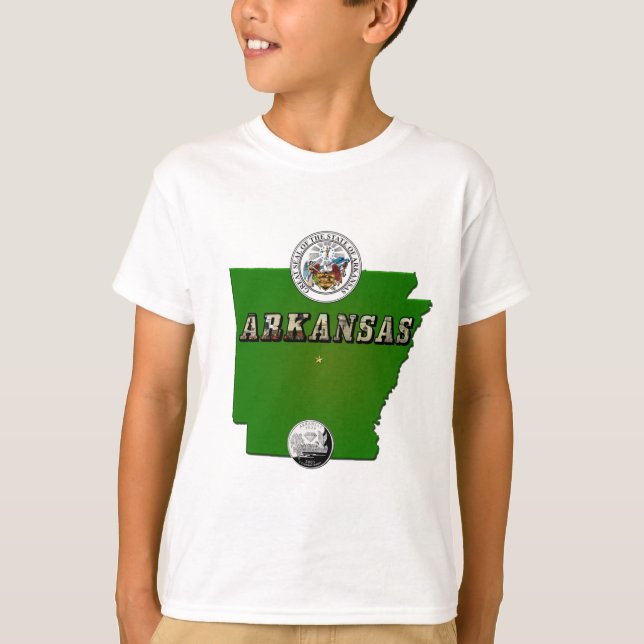 T-shirt Mapa do Arkansas, Selo e Serviço Estatal Faux Quar (Frente)