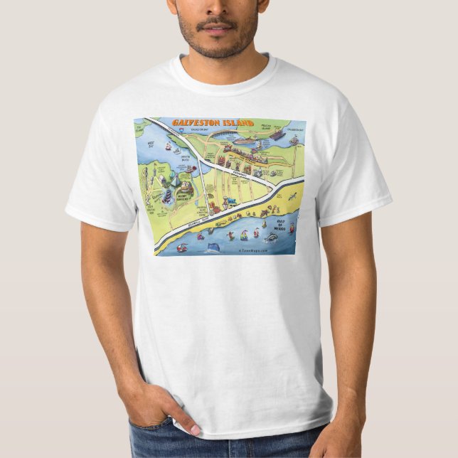 T-shirt Mapa dos desenhos animados de Galveston Texas (Frente)