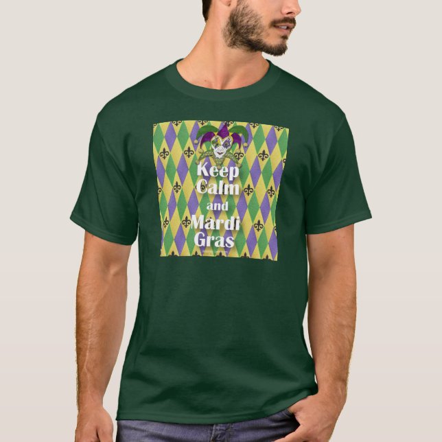 T-shirt Máscara de Bobo Mantenha a Calma e Mardi Gras (Frente)