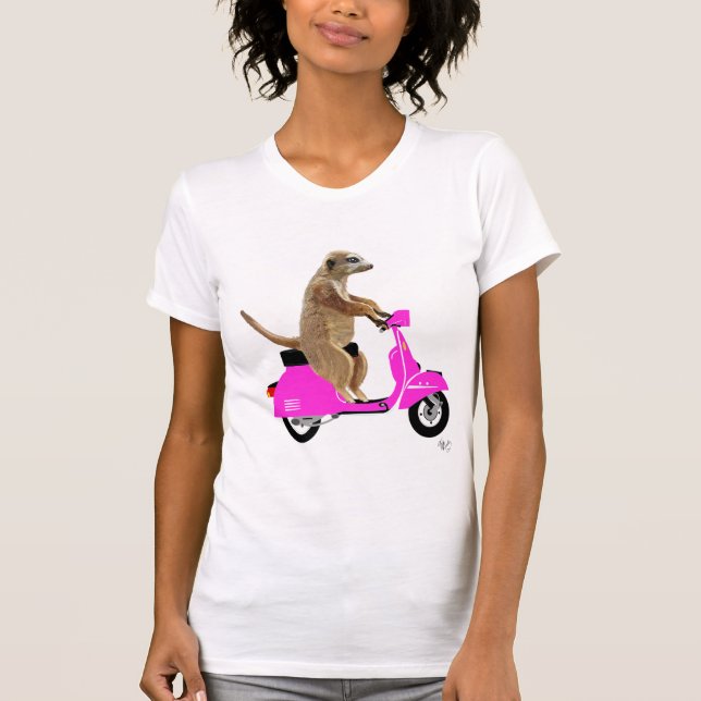 T-shirt Meerkat em Moped Rosa (Frente)