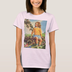 T-shirt Menina Antiga Observando Pássaros em uma Árvore, P