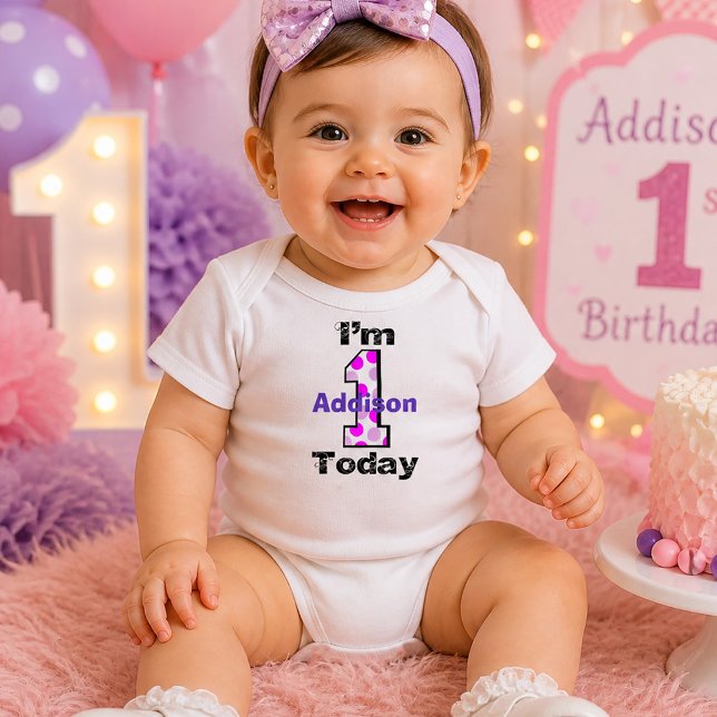 T-shirt Menina de 1º Aniversário com Bolinhas Roxas (Purple Polka Dot 1st Birthday Girl Baby Bodysuit)