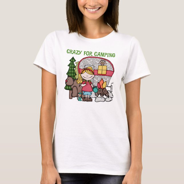 T-shirt Menina loura louca para acampar (Frente)