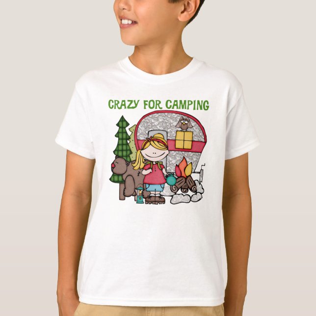 T-shirt Menina loura louca para acampar (Frente)