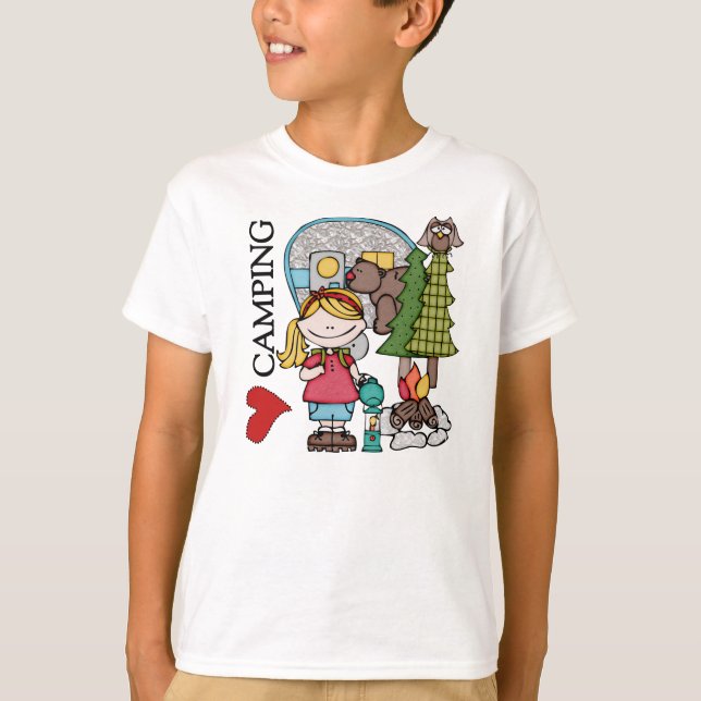 T-shirt Menina Loura Que Eu Adoro Acampar (Frente)