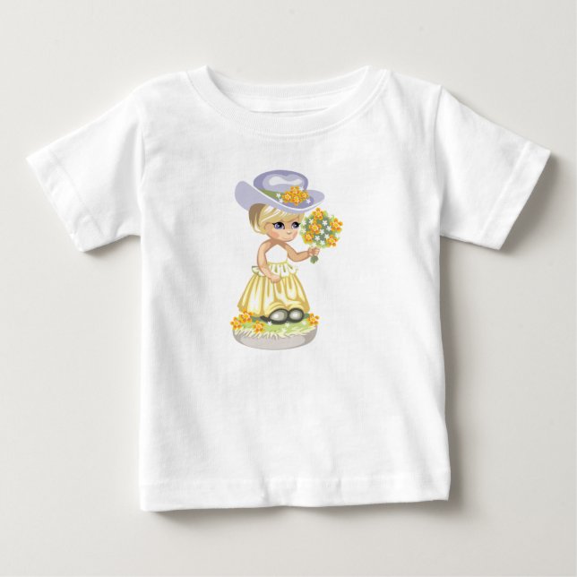 T-shirt Menina Pequena em Vestido de Páscoa Amarelo Segura (Frente)