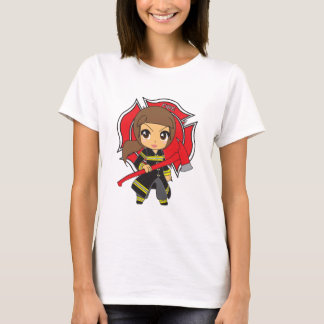 T-shirt Menina triguenha do sapador-bombeiro de Kawaii -