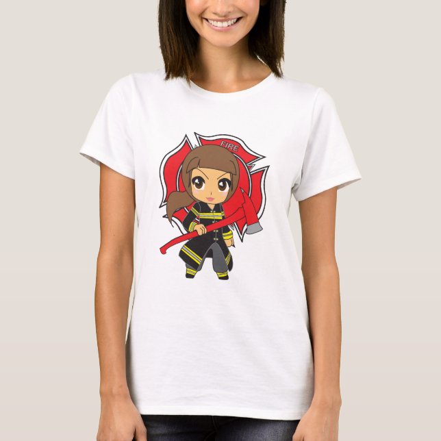 T-shirt Menina triguenha do sapador-bombeiro de Kawaii - (Frente)