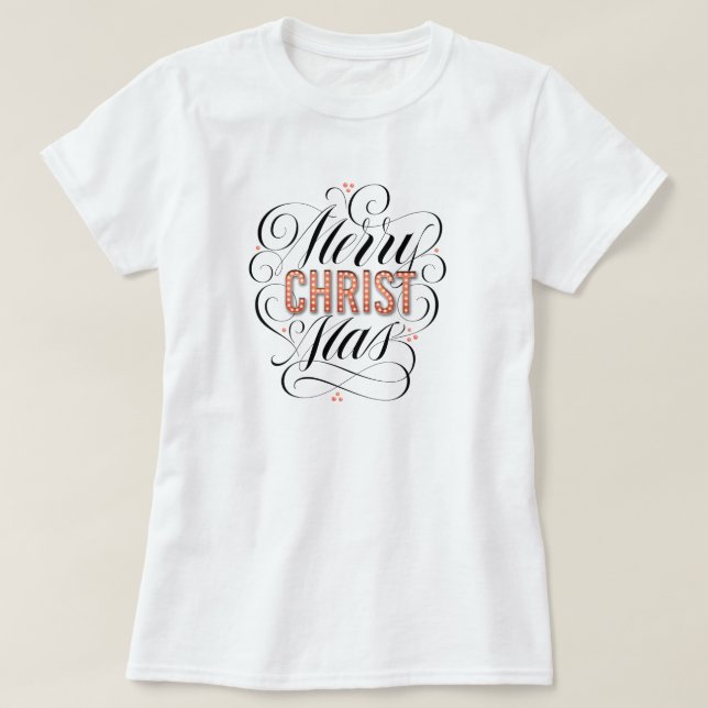 T-shirt Merry CHRISTmas Caligrafia religiosa vermelha (Frente do Design)