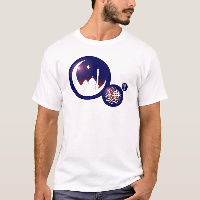 T-shirt Mesquita Ramadã na Lua Crescente com Azul Fanático (Frente)