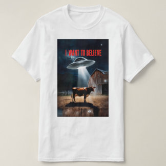 T-Shirt Misterioso OVNI Abdução de uma Vaca Leitei