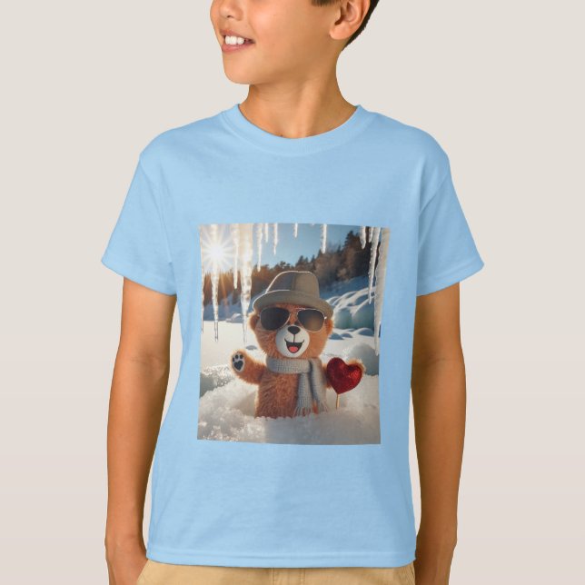 T-Shirt mit Teddybär mit Sonnenbrille im Schnee (Frente)