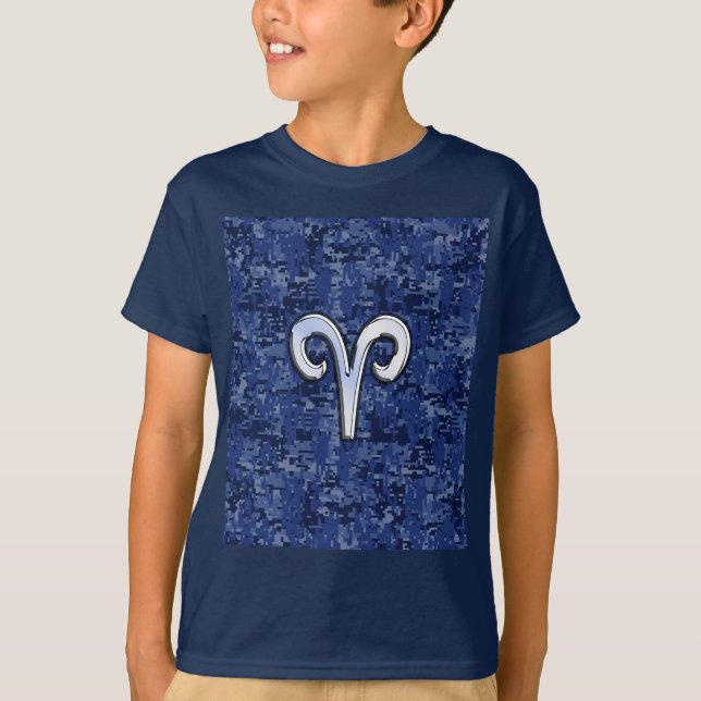 T-shirt Modern Aries Zodiac Símbolo Marinho Azul Camo Digi (Frente)