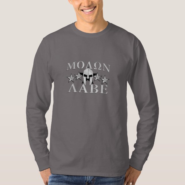 T-shirt Molon Labe Spartan Helmet 5 estrelas Estilo Mahoga (Frente)