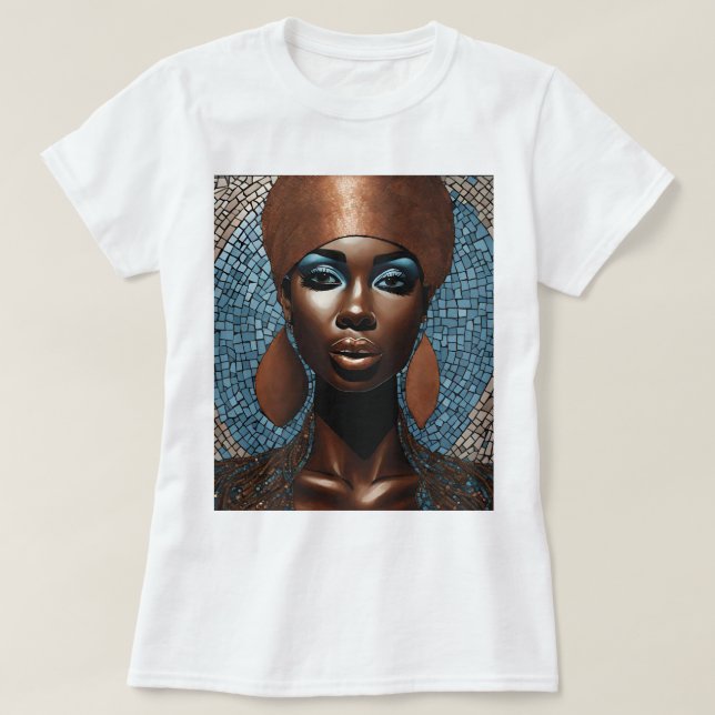 T-Shirt Mosaico de Cobre Azul-Mulher Negra (Frente do Design)