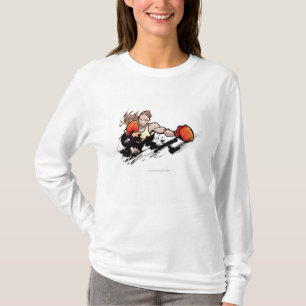 T-shirt Mulher que veste a luva de encaixotamento