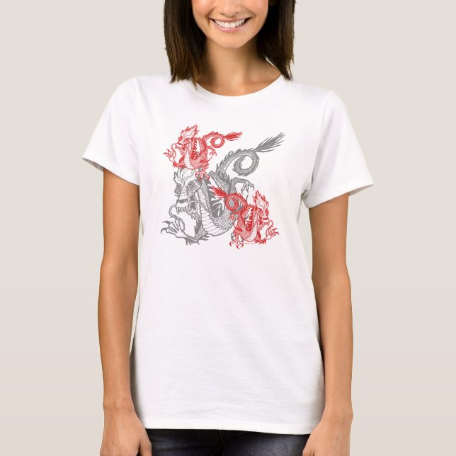 T-shirt Mulheres de Dragão Vermelho Chinês (Frente)