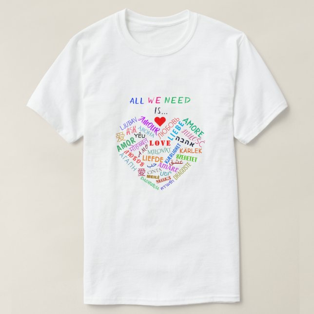 T-Shirt Multilíngue com Texto de Palavra de Amor (Frente do Design)