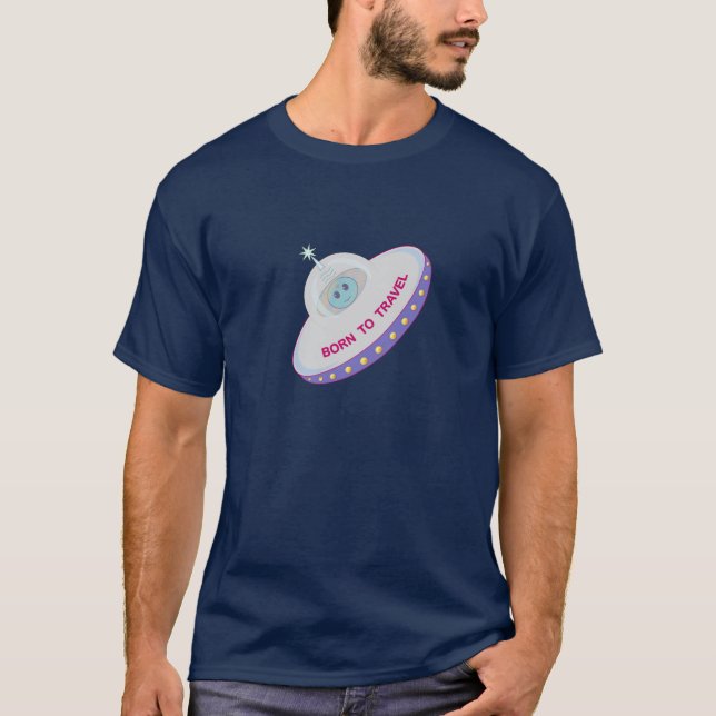 T-shirt Nascido para viajar alienígena fofo e disco voador (Frente)