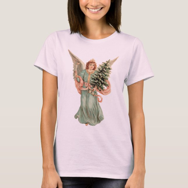 T-shirt Natal Antigo, Anjo Vitoriano com Árvore (Frente)