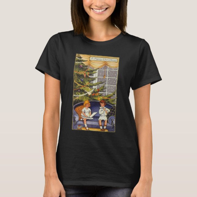T-shirt Natal Antigo, Crianças Sentadas num Sofá (Frente)